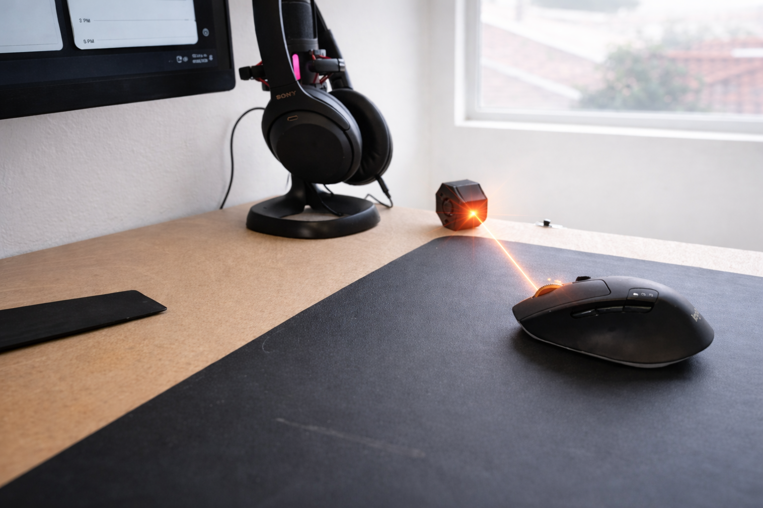 TriggerPoint on a desk projecting a laser to a mouse